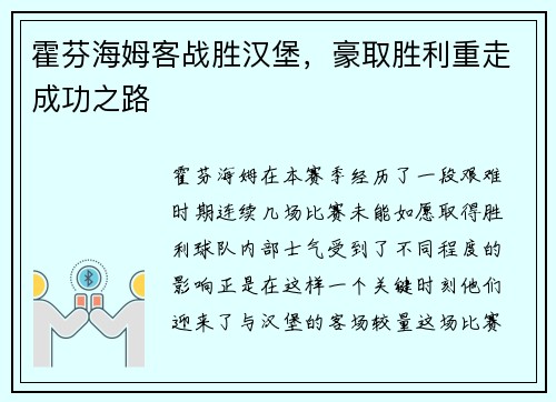 霍芬海姆客战胜汉堡，豪取胜利重走成功之路