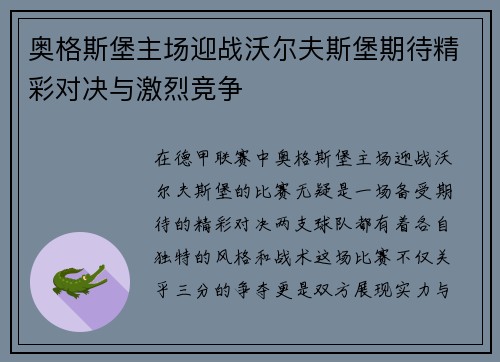 奥格斯堡主场迎战沃尔夫斯堡期待精彩对决与激烈竞争